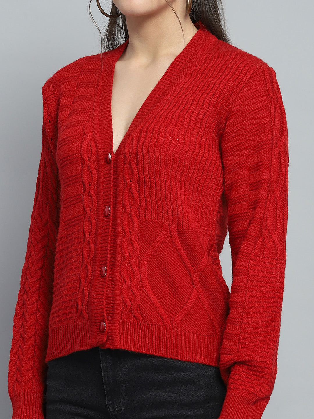 Women Red Self Design V Neck Full Sleeve Cardigan