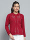 Women Maroon Self Design Round Neck Full Sleeve Cardigan