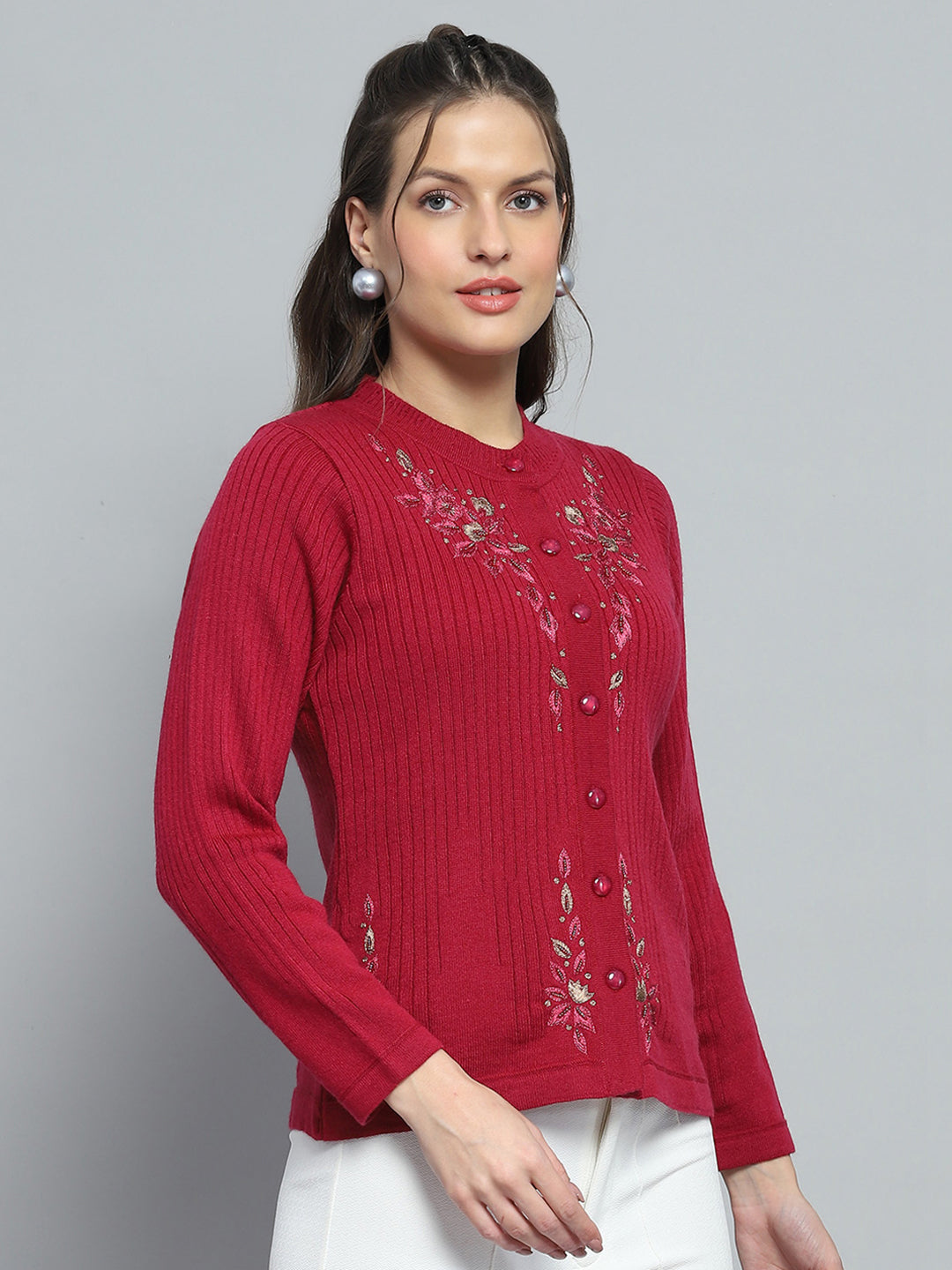 Women Maroon Self Design Round Neck Full Sleeve Cardigan