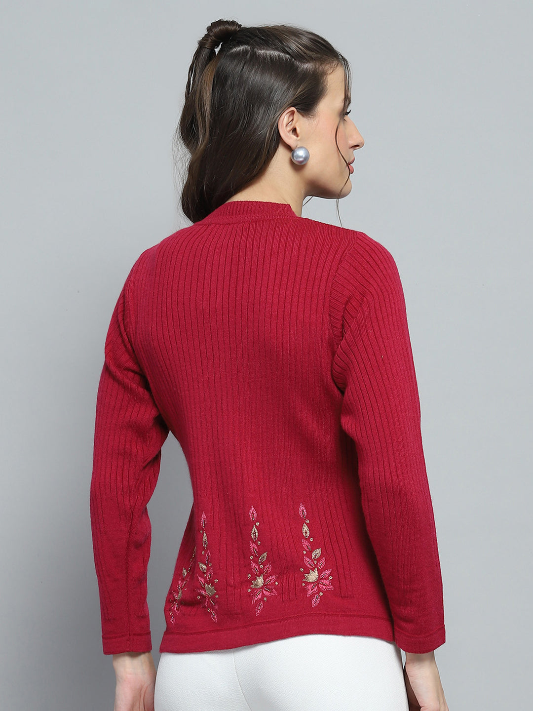 Women Maroon Self Design Round Neck Full Sleeve Cardigan