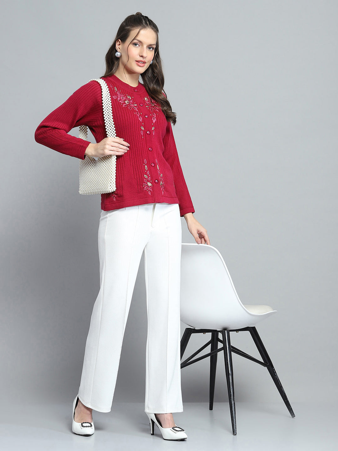 Women Maroon Self Design Round Neck Full Sleeve Cardigan