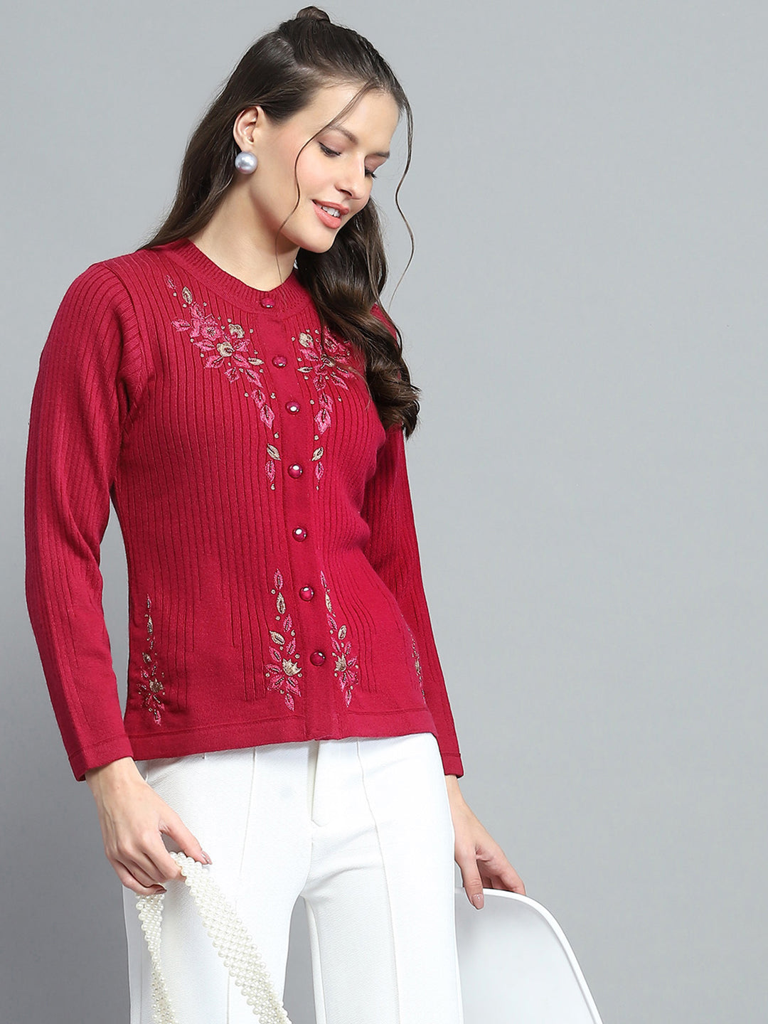 Women Maroon Self Design Round Neck Full Sleeve Cardigan