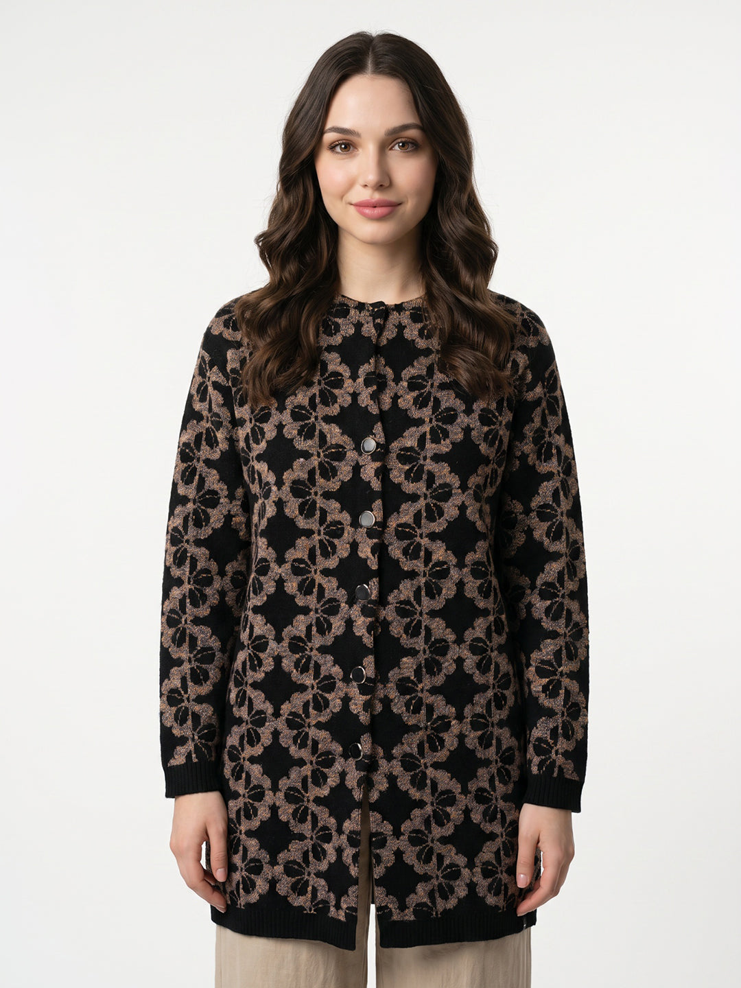 Women Black Designer Round Neck Full Sleeve Long Knitted Coat