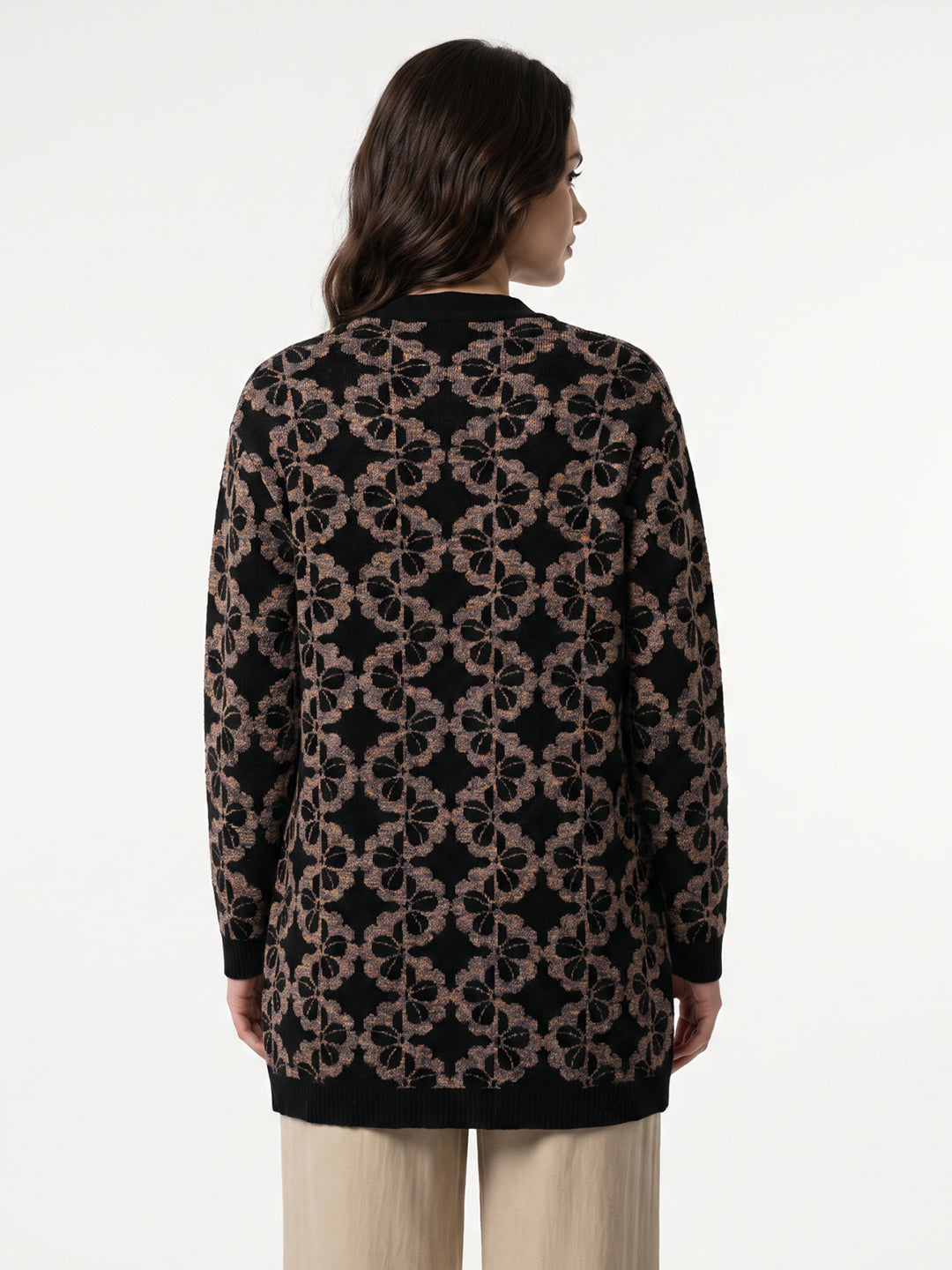 Women Black Designer Round Neck Full Sleeve Long Knitted Coat