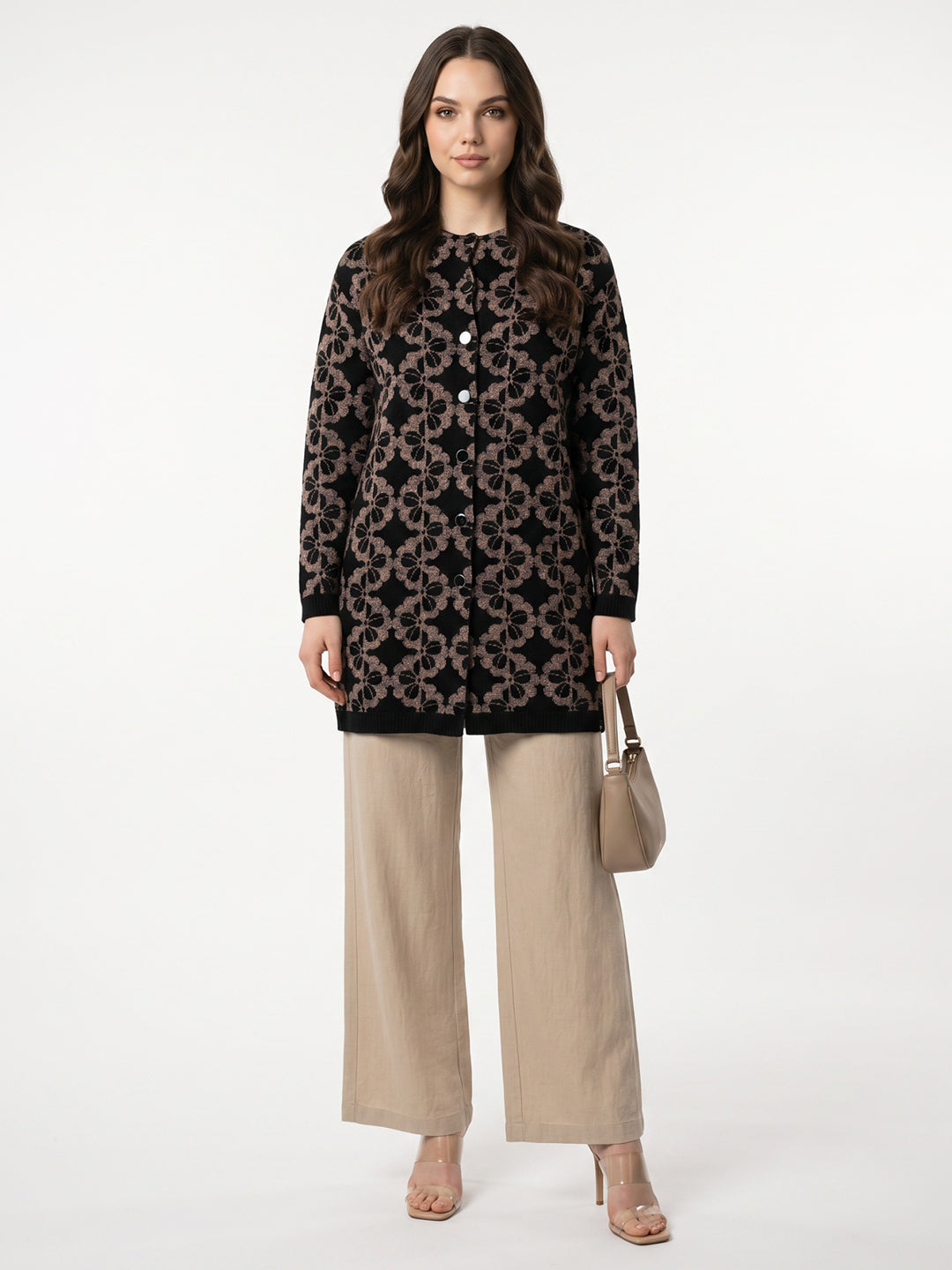 Women Black Designer Round Neck Full Sleeve Long Knitted Coat