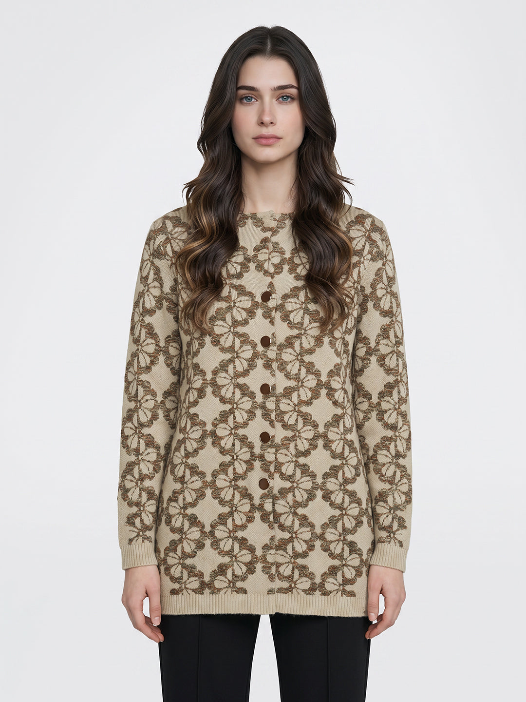 Women Camel Brown Designer Round Neck Full Sleeve Long Knitted Coat