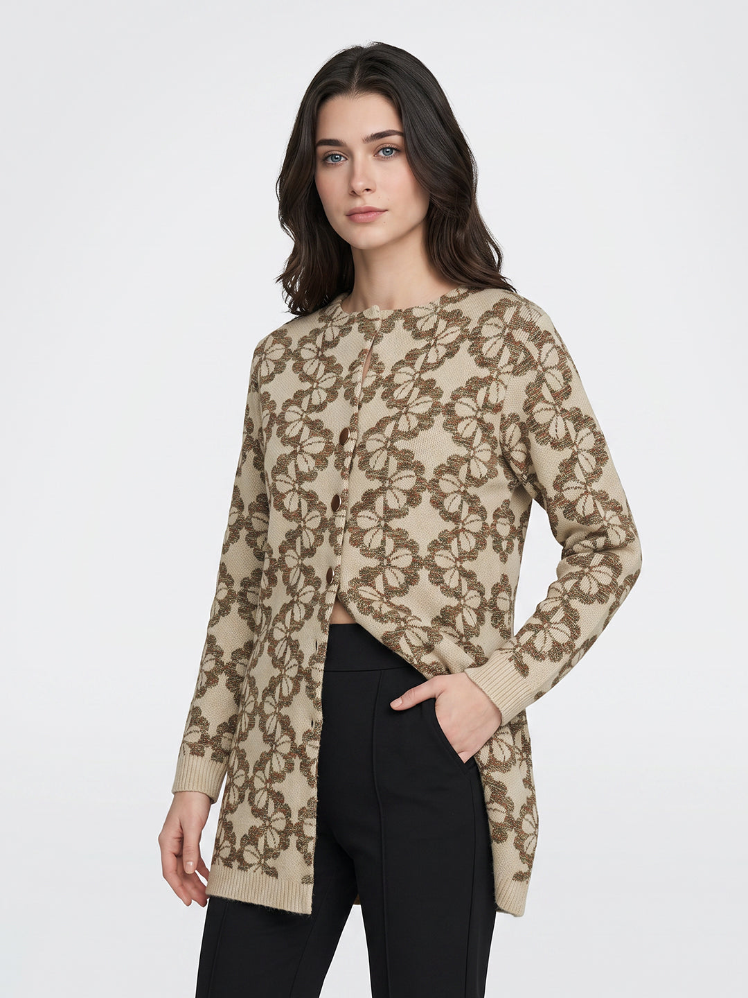 Women Camel Brown Designer Round Neck Full Sleeve Long Knitted Coat