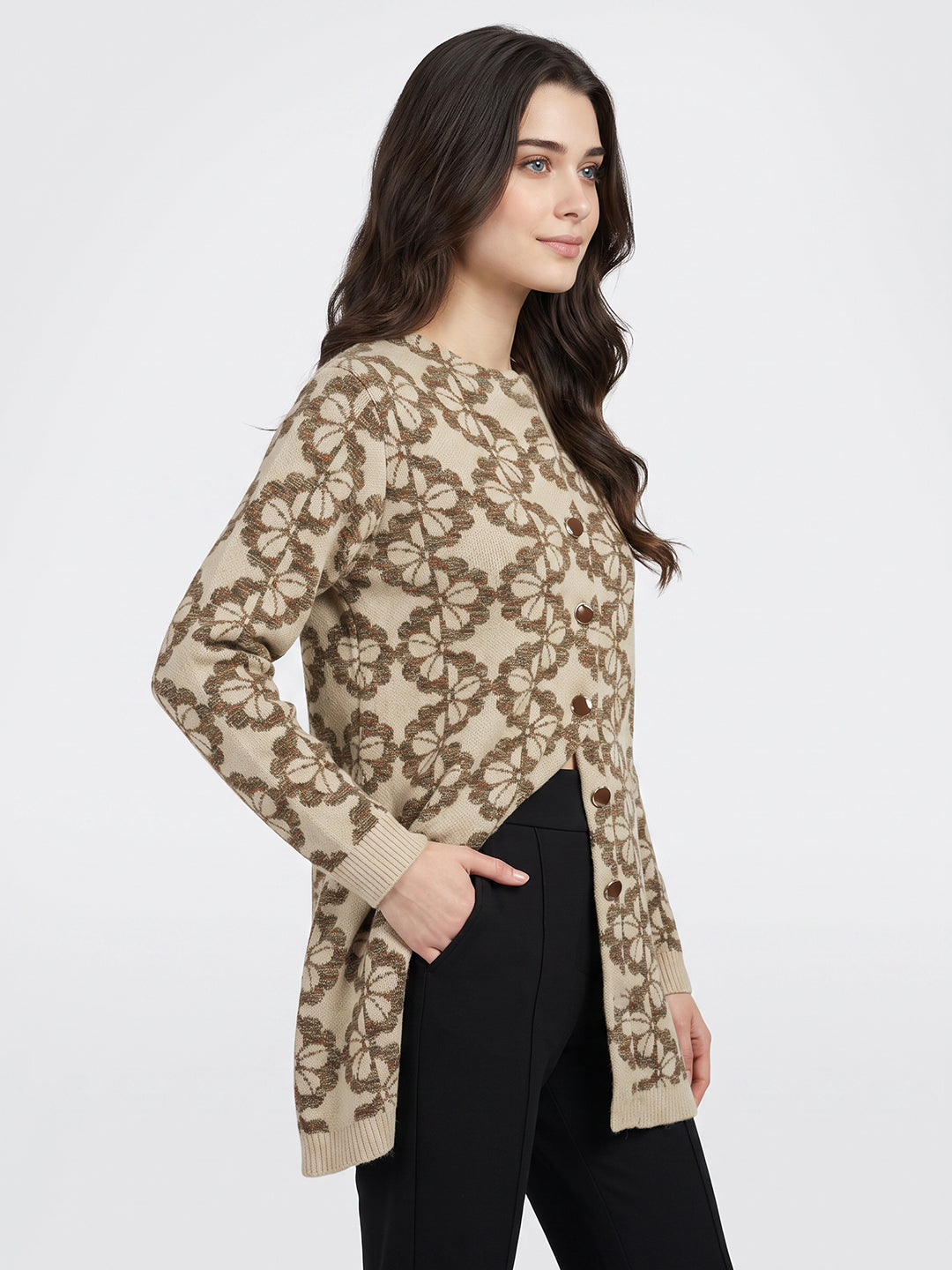 Women Camel Brown Designer Round Neck Full Sleeve Long Knitted Coat