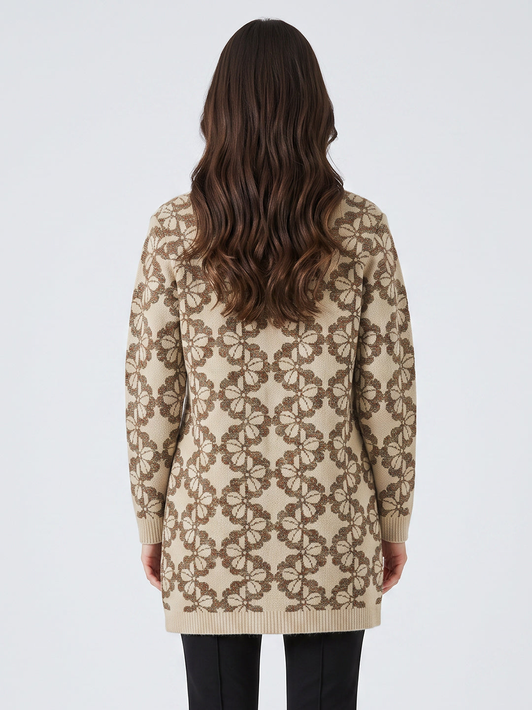 Women Camel Brown Designer Round Neck Full Sleeve Long Knitted Coat