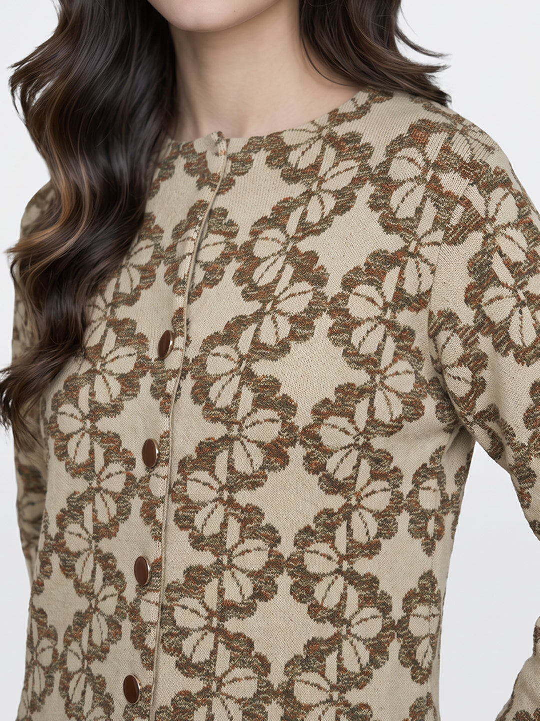 Women Camel Brown Designer Round Neck Full Sleeve Long Knitted Coat