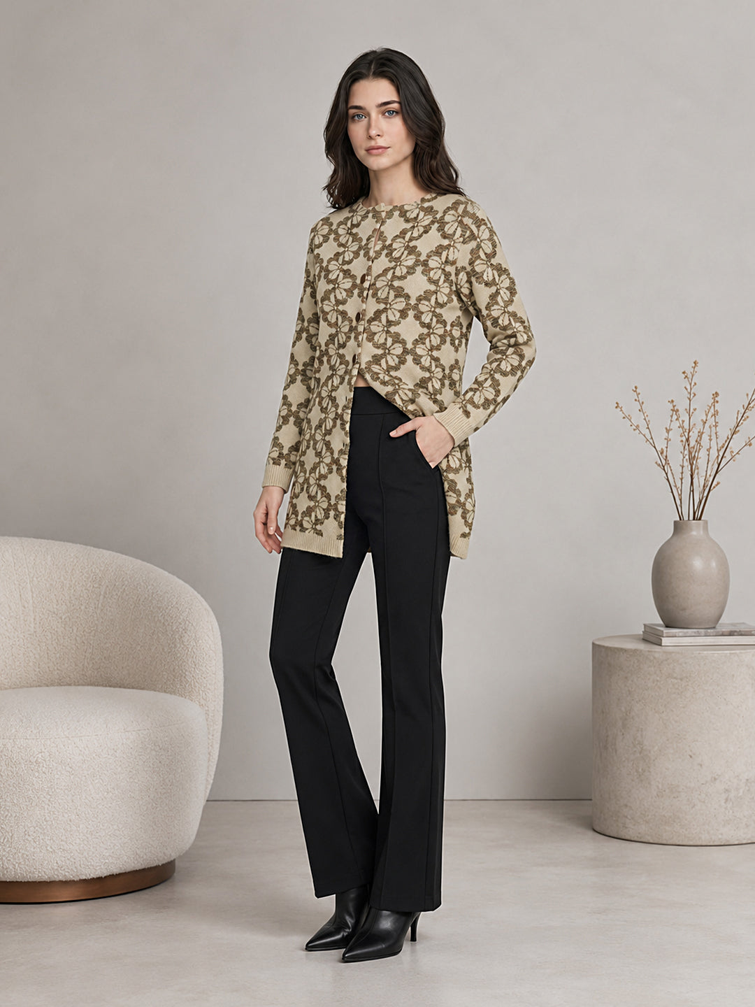 Women Camel Brown Designer Round Neck Full Sleeve Long Knitted Coat