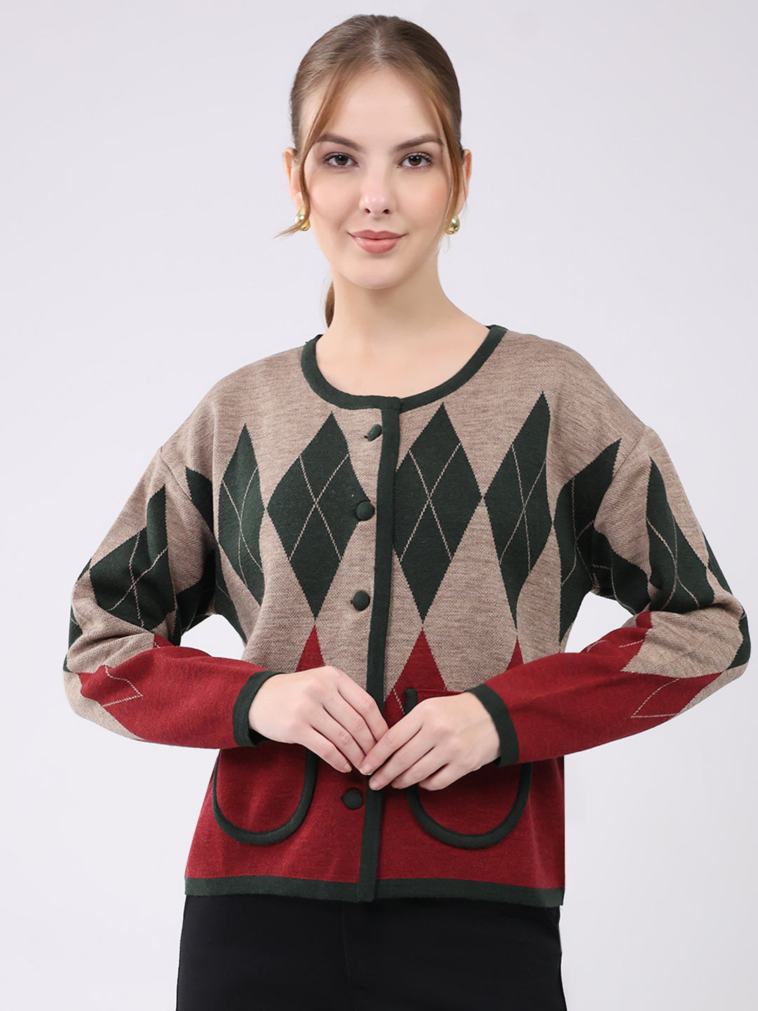 Women Multicolor Self Design Round Neck Full Sleeve Cardigan