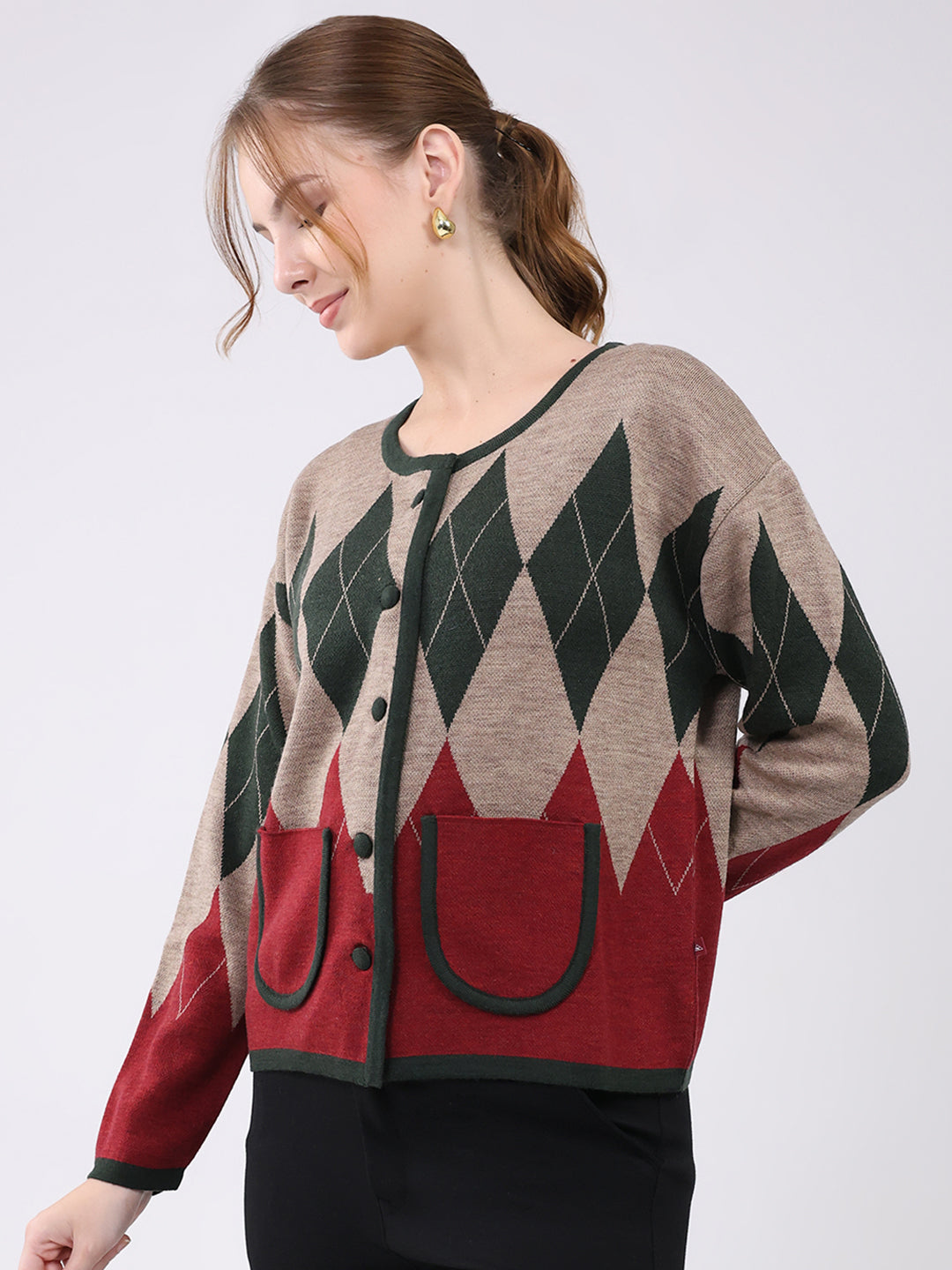 Women Multicolor Self Design Round Neck Full Sleeve Cardigan