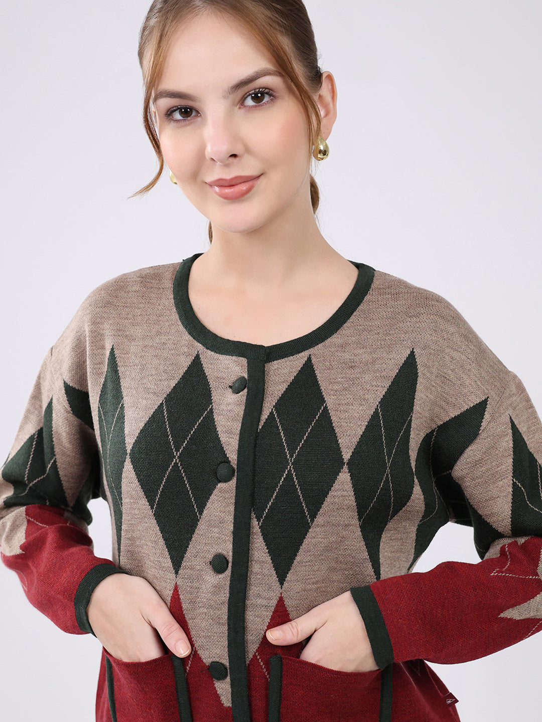 Women Multicolor Self Design Round Neck Full Sleeve Cardigan
