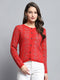 Women Red Self Design Round Neck Full Sleeve Cardigan