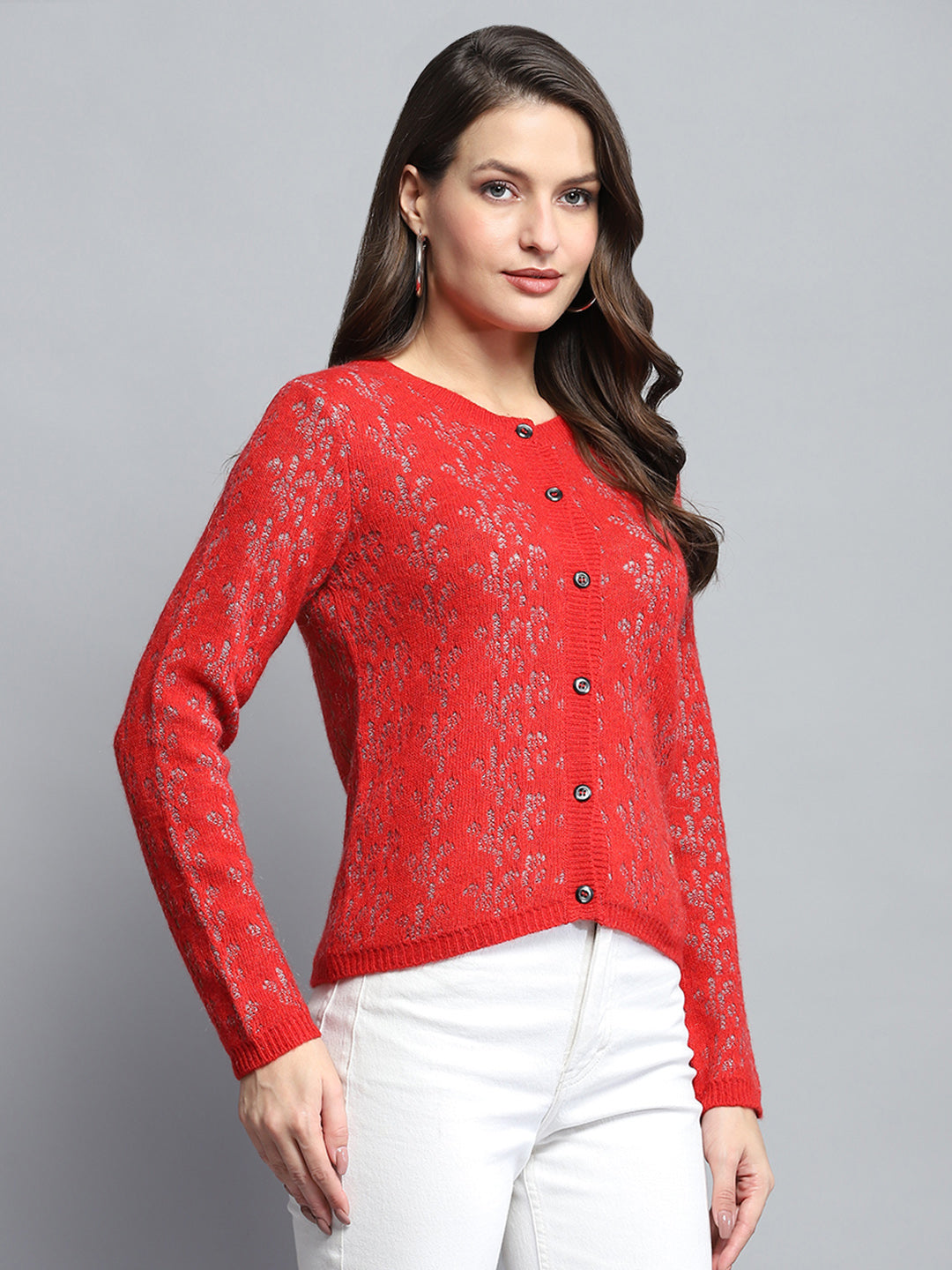 Women Red Self Design Round Neck Full Sleeve Cardigan