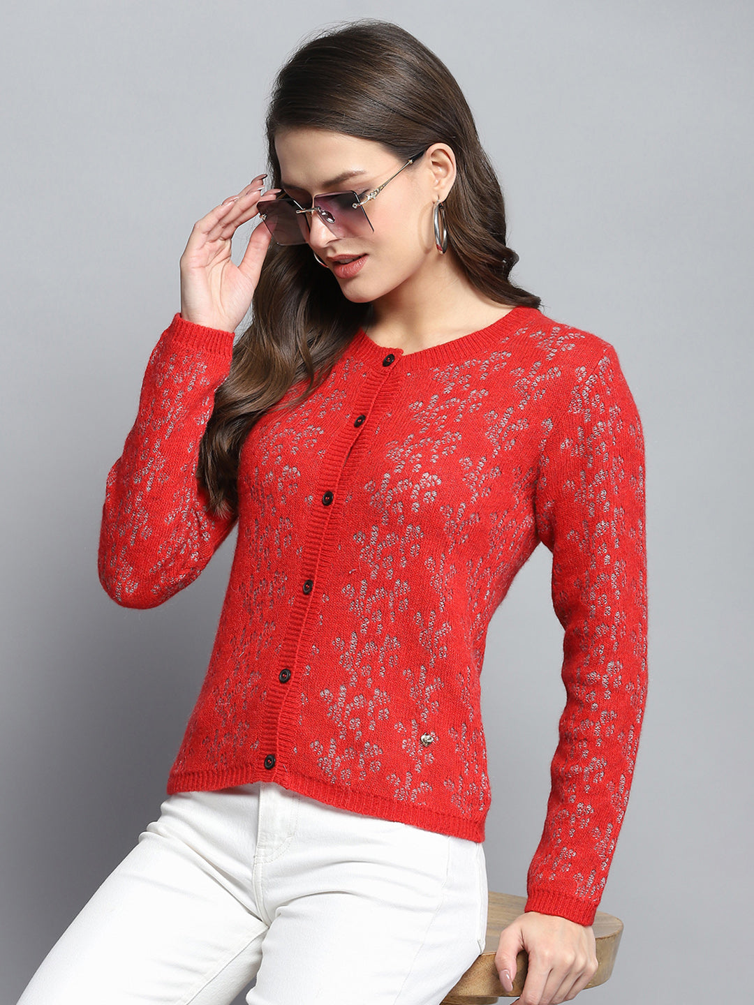 Women Red Self Design Round Neck Full Sleeve Cardigan