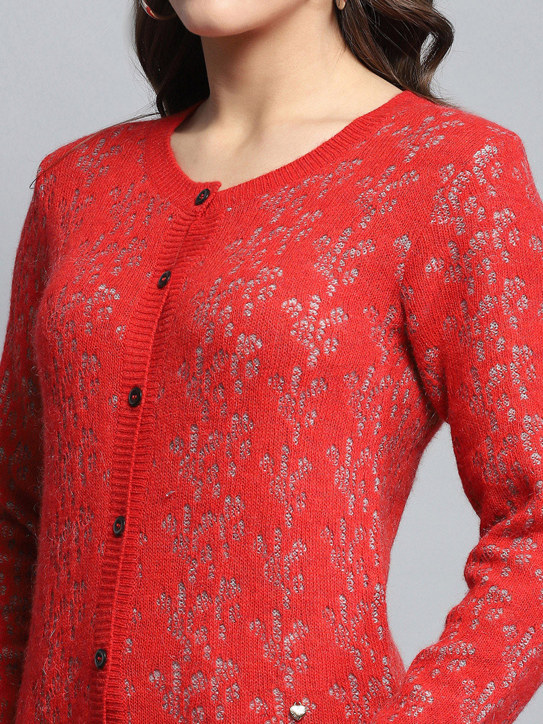 Women Red Self Design Round Neck Full Sleeve Cardigan
