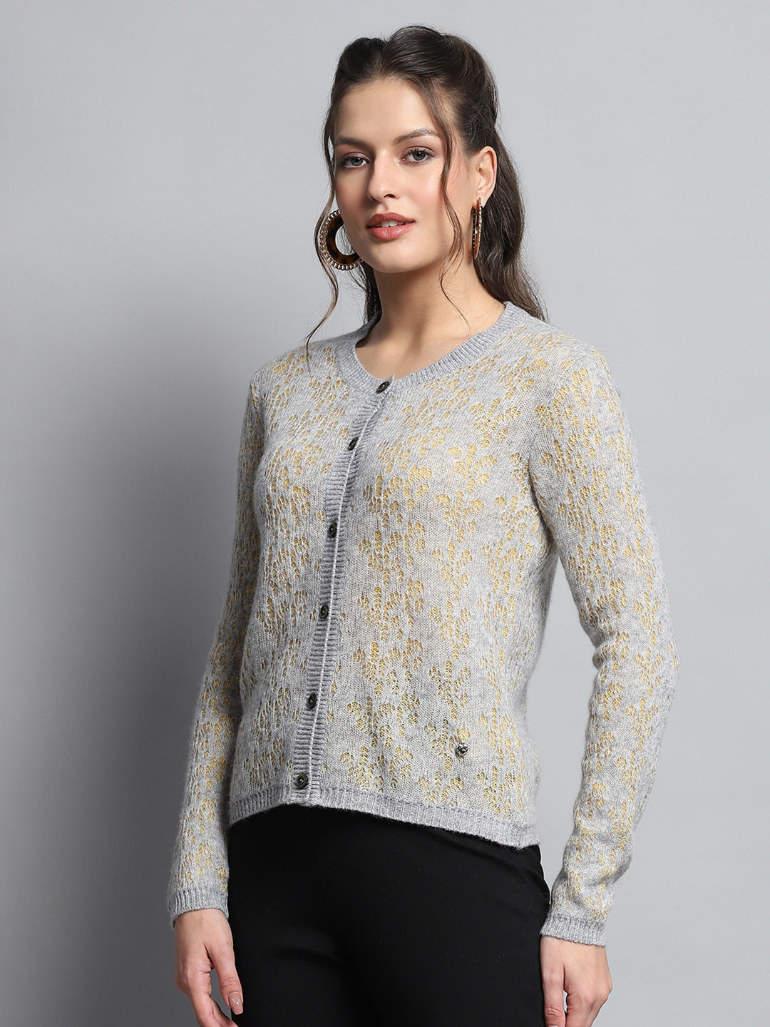 Women Grey Self Design Round Neck Full Sleeve Cardigan