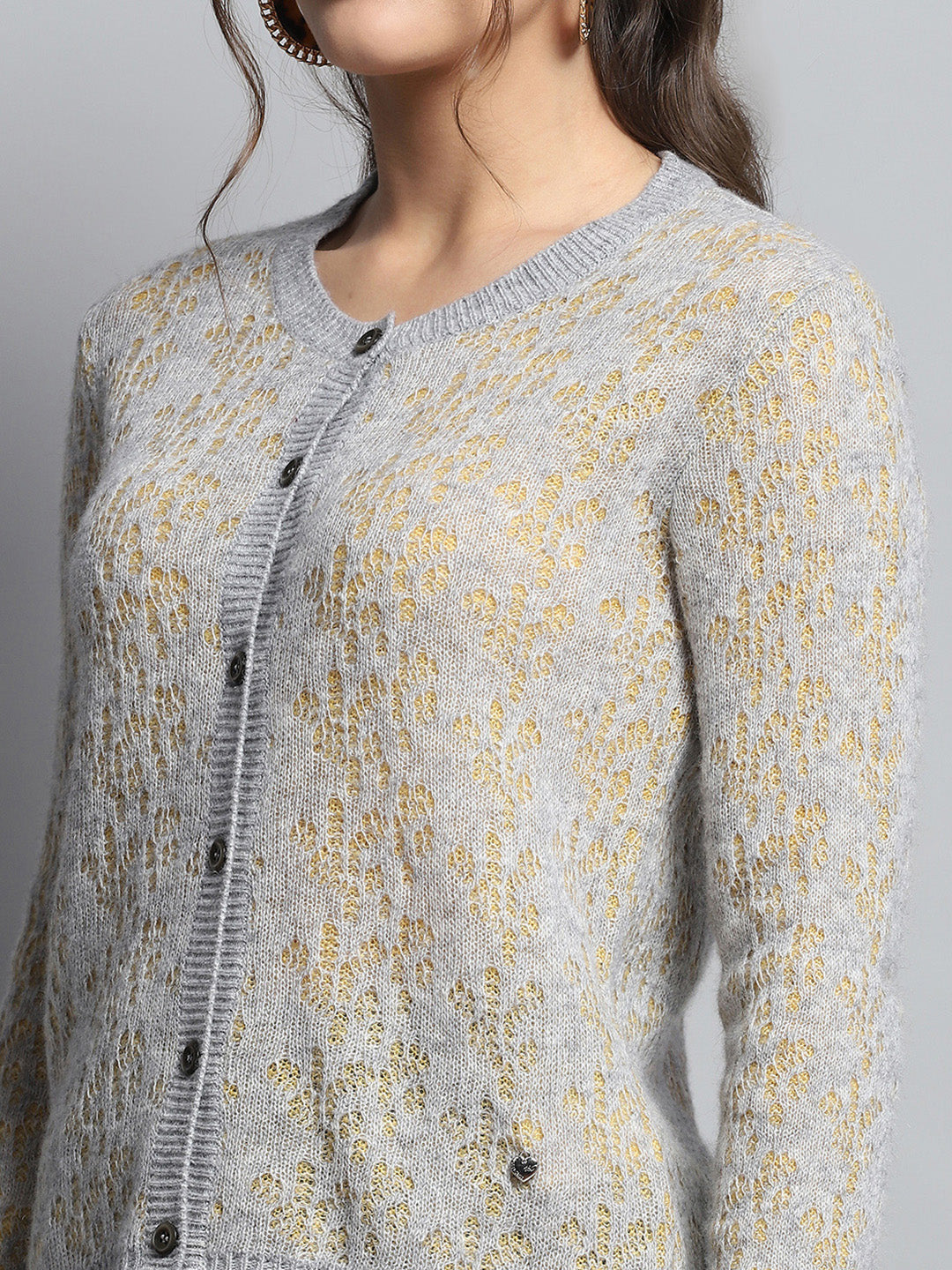 Women Grey Self Design Round Neck Full Sleeve Cardigan