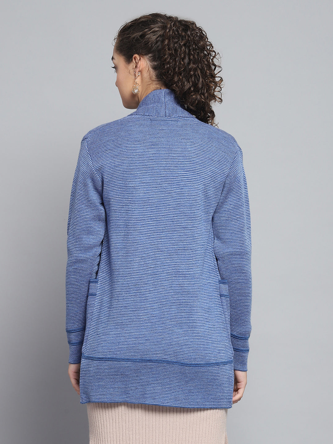 Women Blue Self Design Front Open Full Sleeve Cardigan