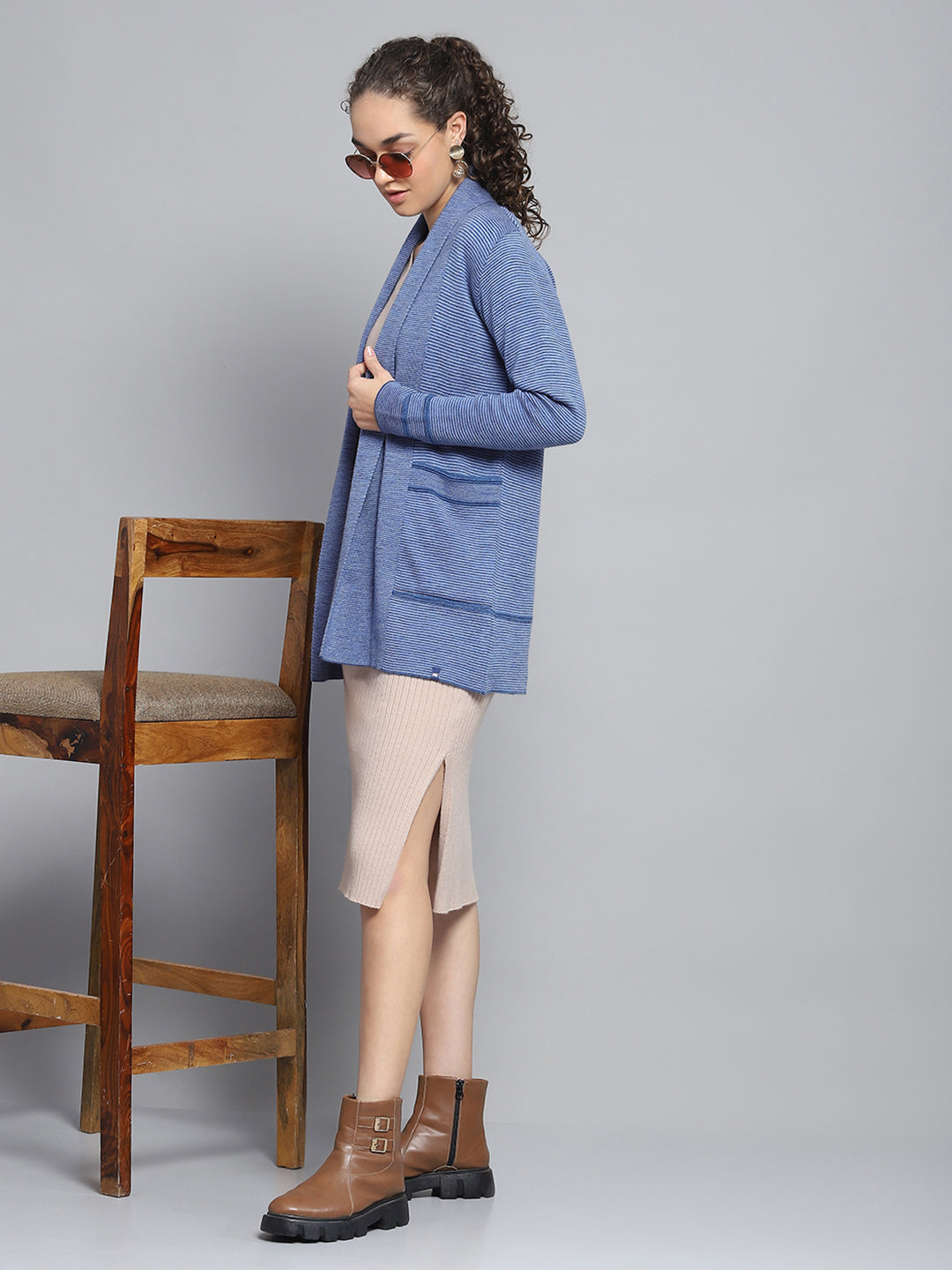 Women Blue Self Design Front Open Full Sleeve Cardigan