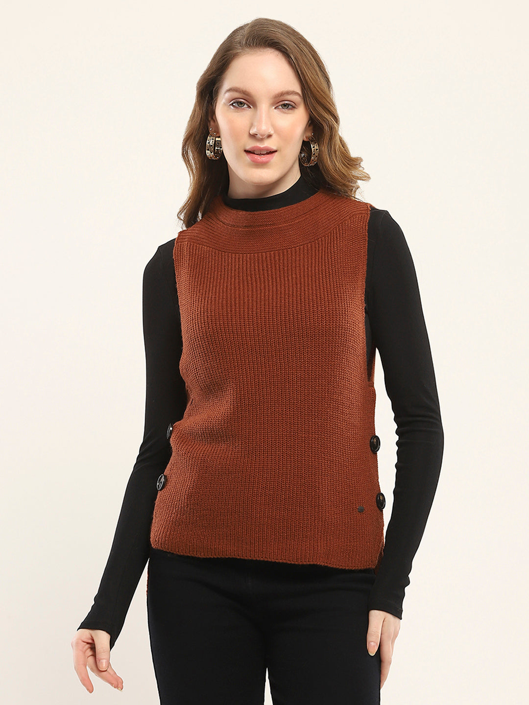 Women Rust Self Design Round Neck Sleeveless Winte Top