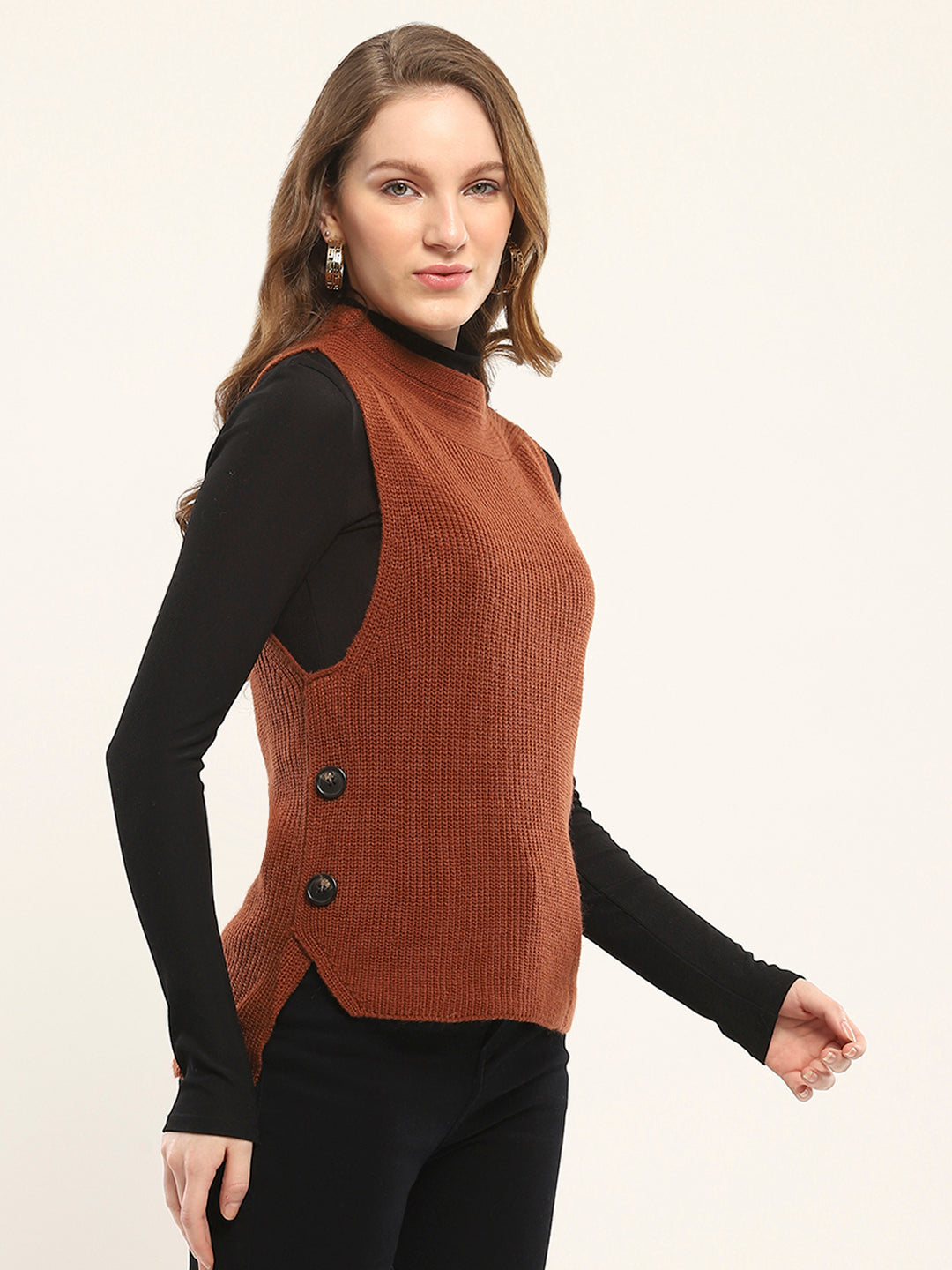 Women Rust Self Design Round Neck Sleeveless Winte Top