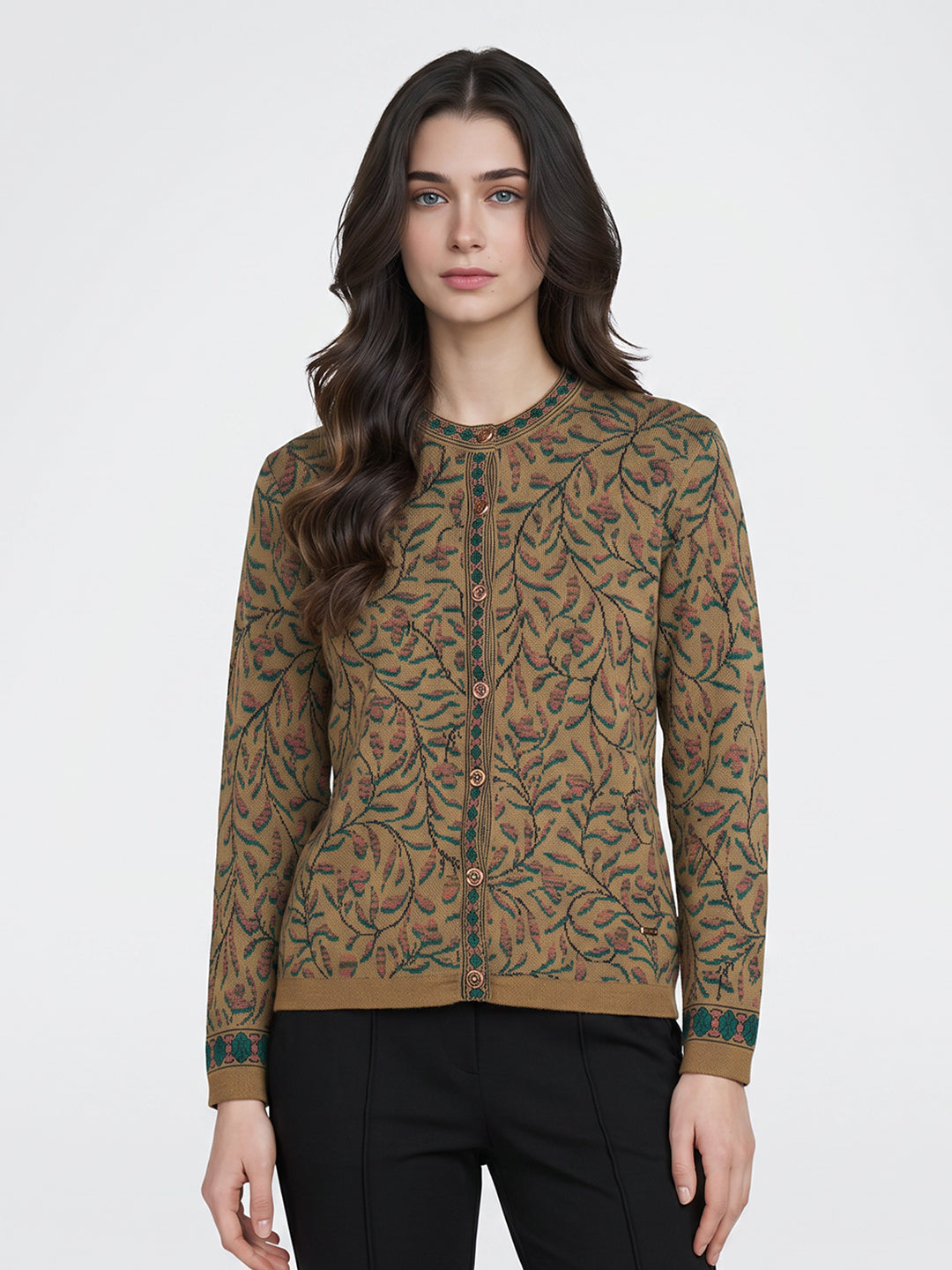 Women Brown Jacquard Round Neck Full Sleeve Cardigan