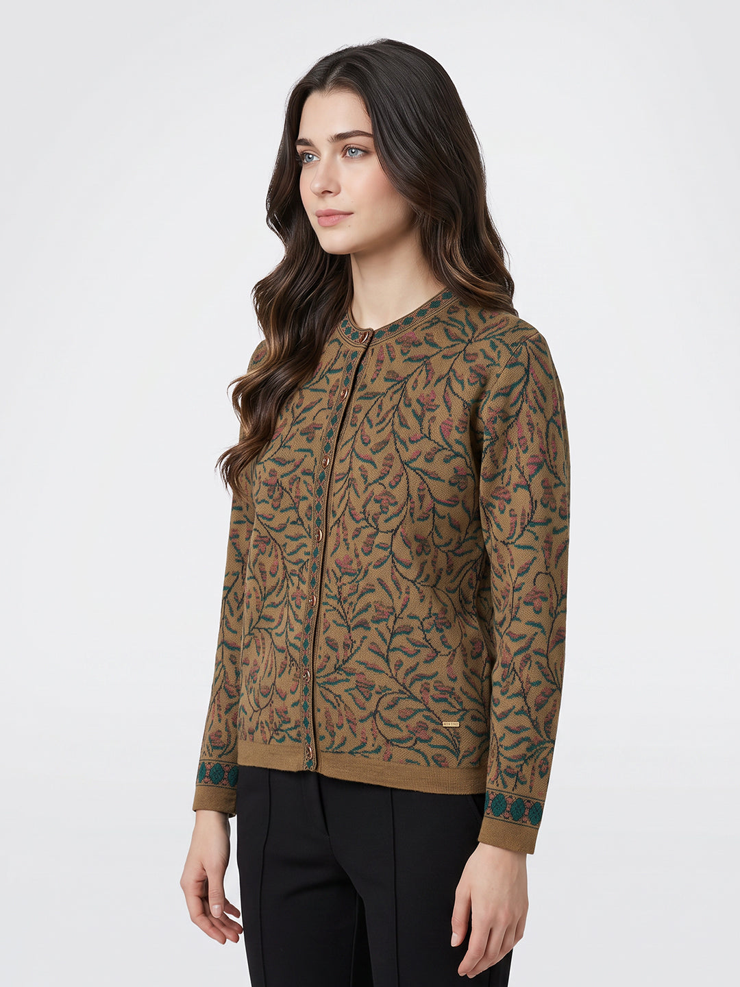 Women Brown Jacquard Round Neck Full Sleeve Cardigan