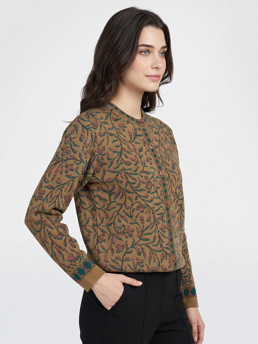 Women Brown Jacquard Round Neck Full Sleeve Cardigan