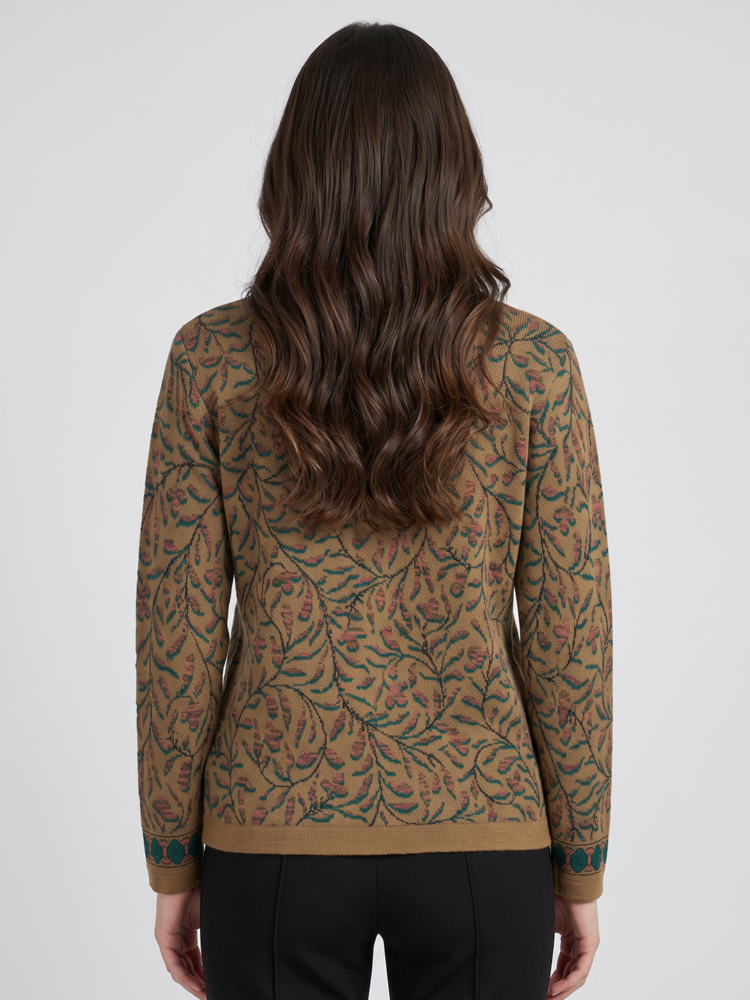 Women Brown Jacquard Round Neck Full Sleeve Cardigan