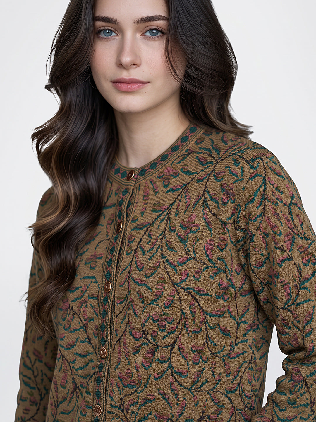 Women Brown Jacquard Round Neck Full Sleeve Cardigan