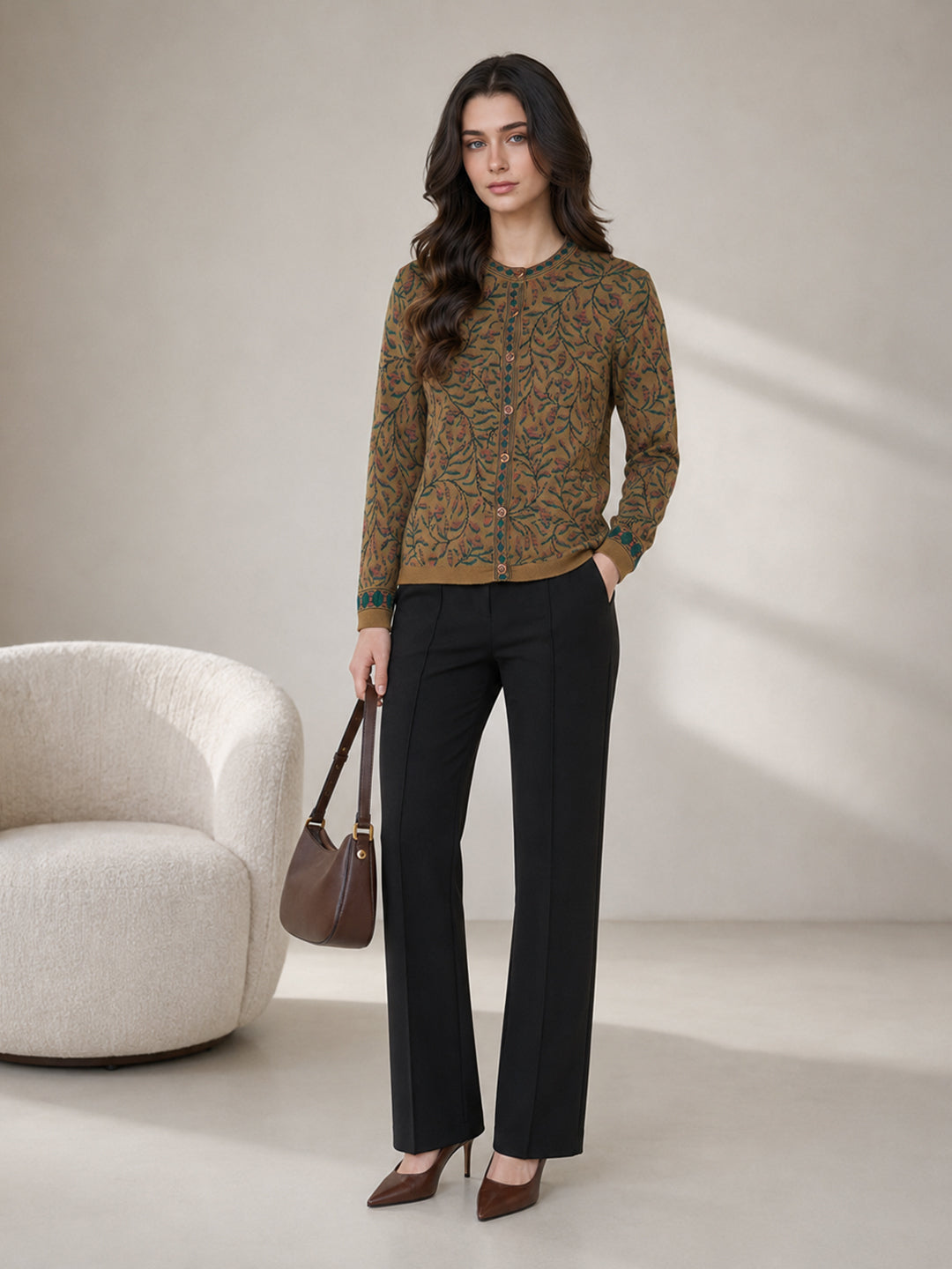 Women Brown Jacquard Round Neck Full Sleeve Cardigan