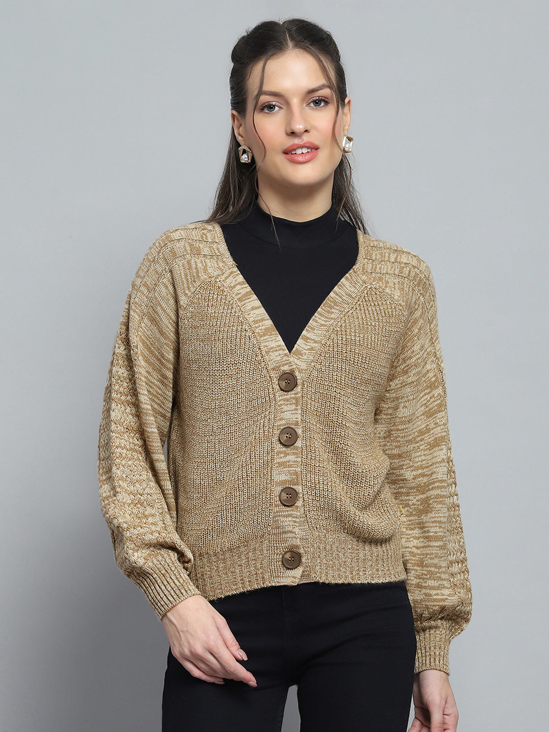 Women Camel Brown Self Design V Neck Full Sleeve Cardigan