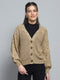 Women Camel Brown Self Design V Neck Full Sleeve Cardigan