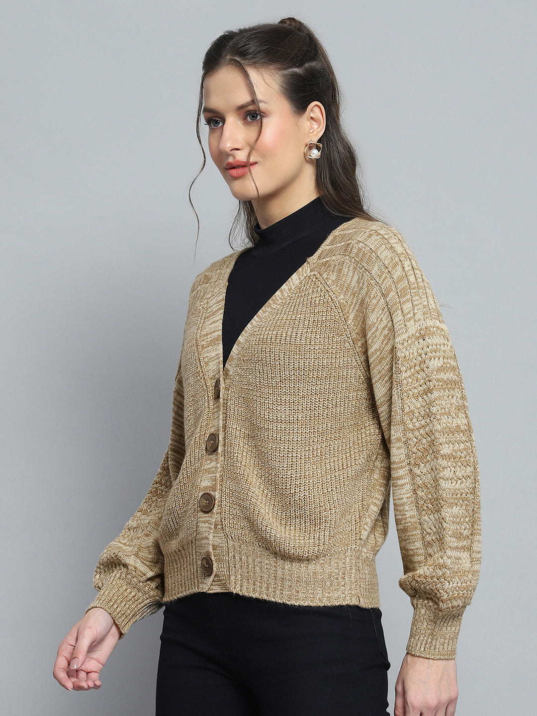 Women Camel Brown Self Design V Neck Full Sleeve Cardigan