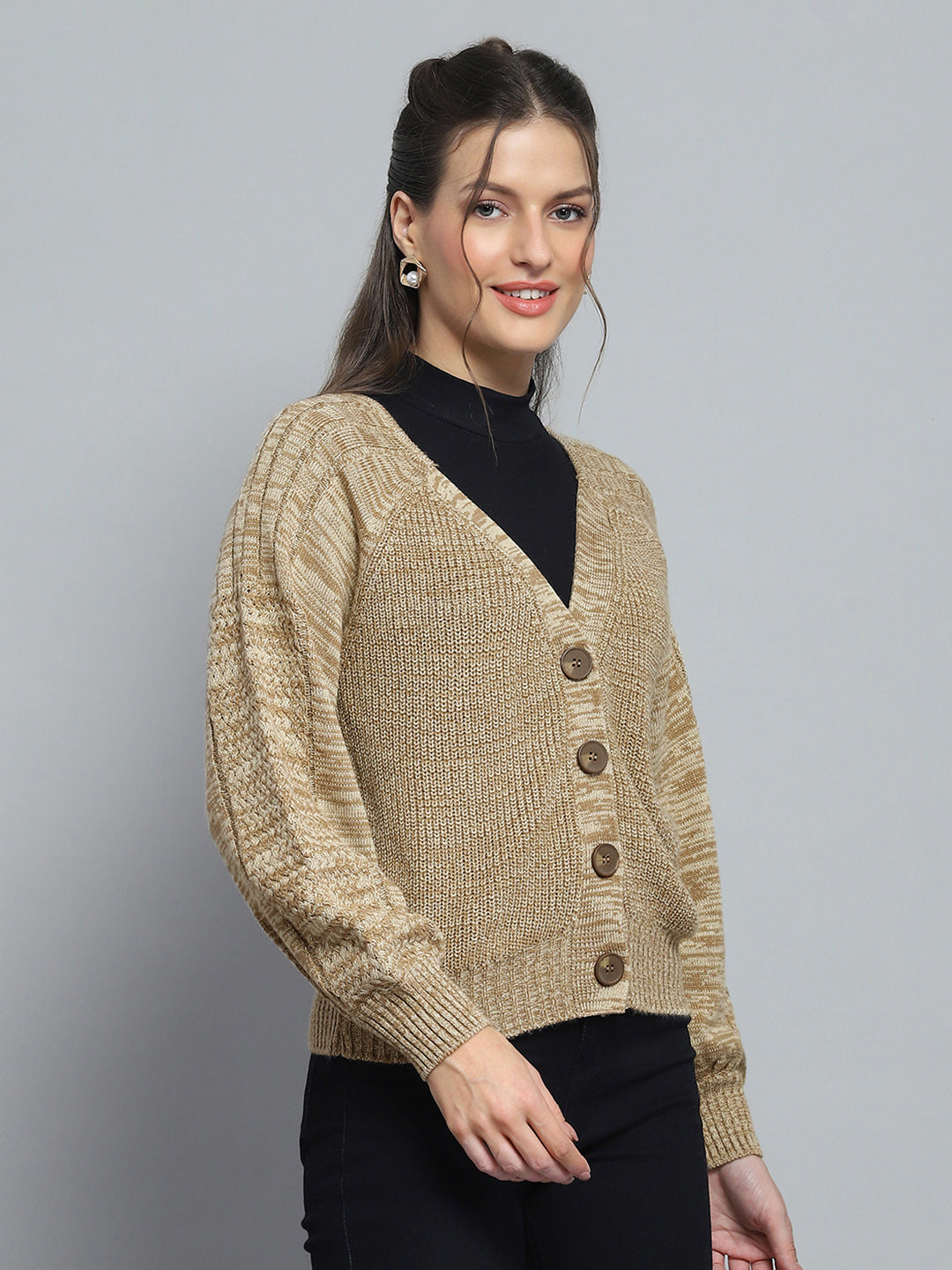 Women Camel Brown Self Design V Neck Full Sleeve Cardigan