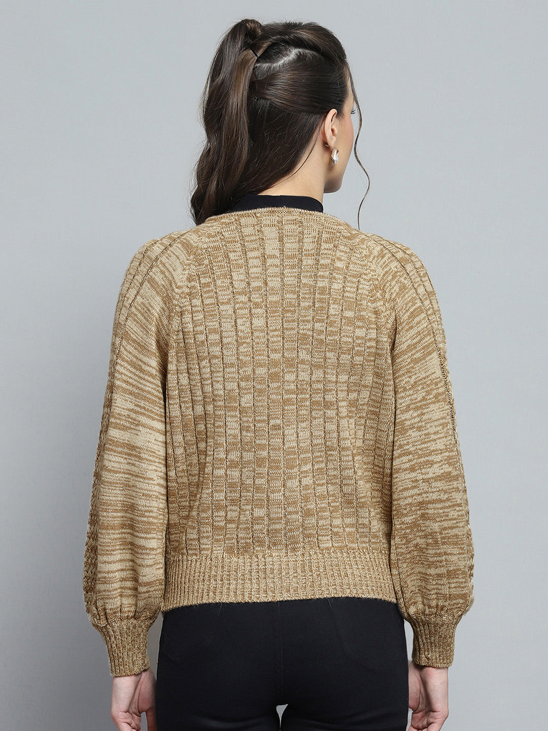 Women Camel Brown Self Design V Neck Full Sleeve Cardigan