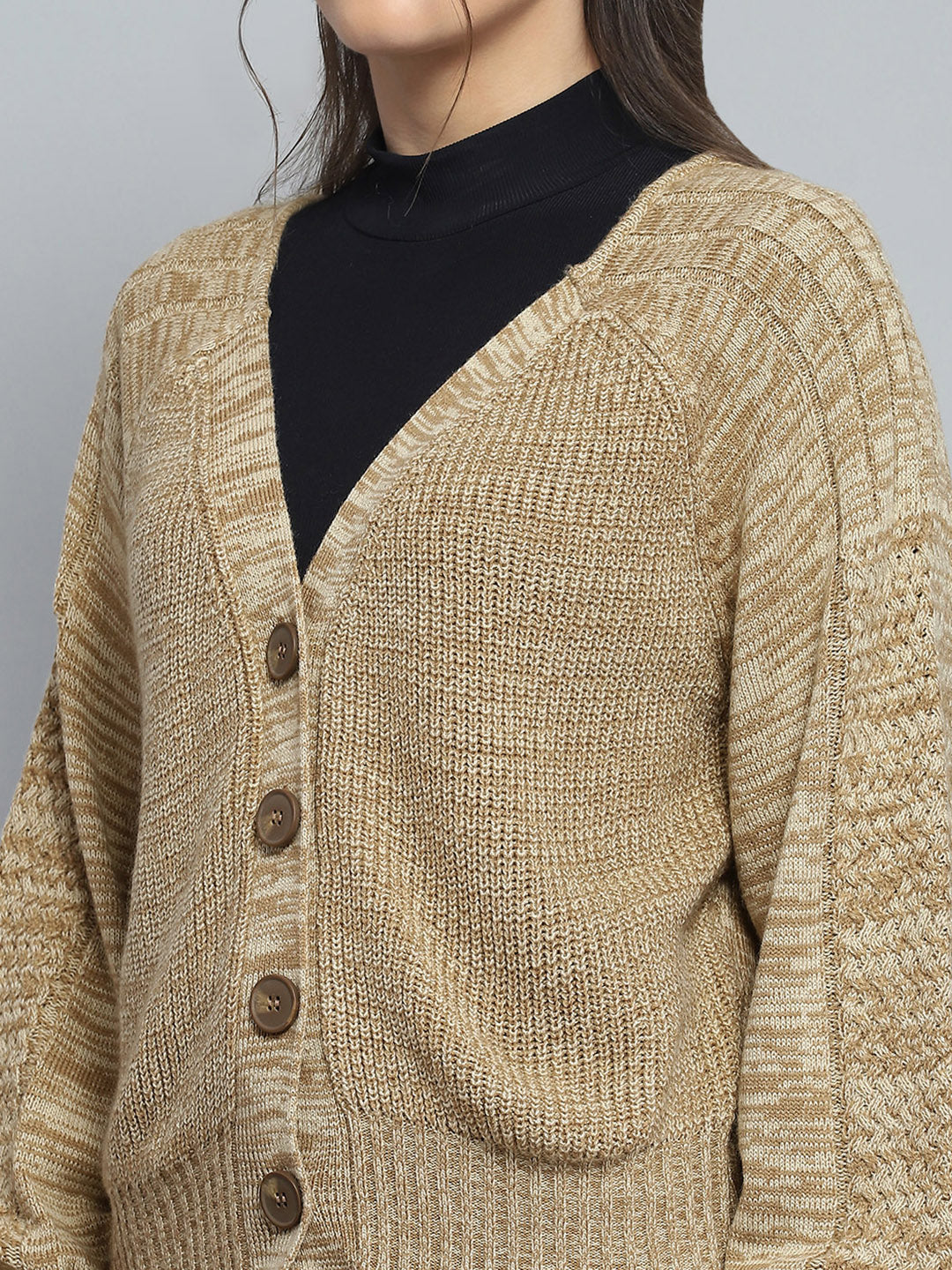 Women Camel Brown Self Design V Neck Full Sleeve Cardigan