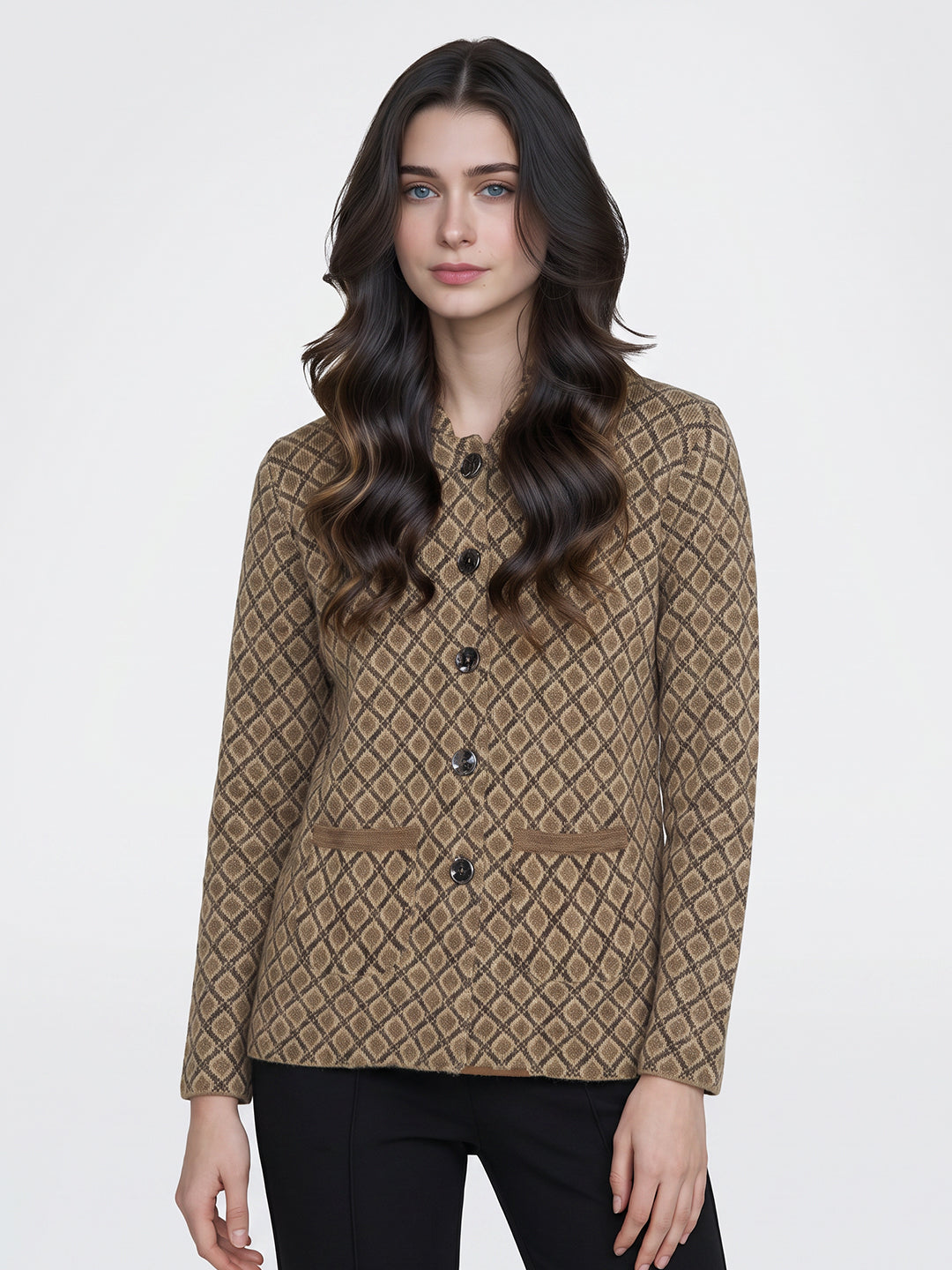 Women Beige Jacquard Collar Full Sleeve Coat