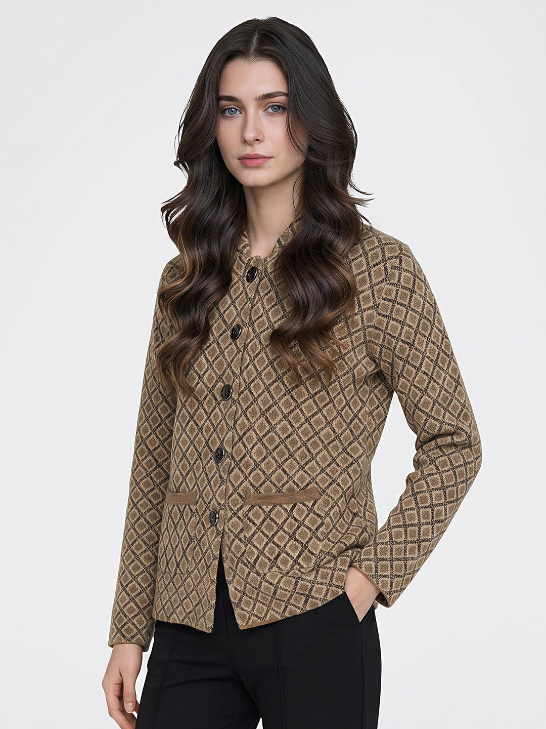 Women Beige Jacquard Collar Full Sleeve Coat