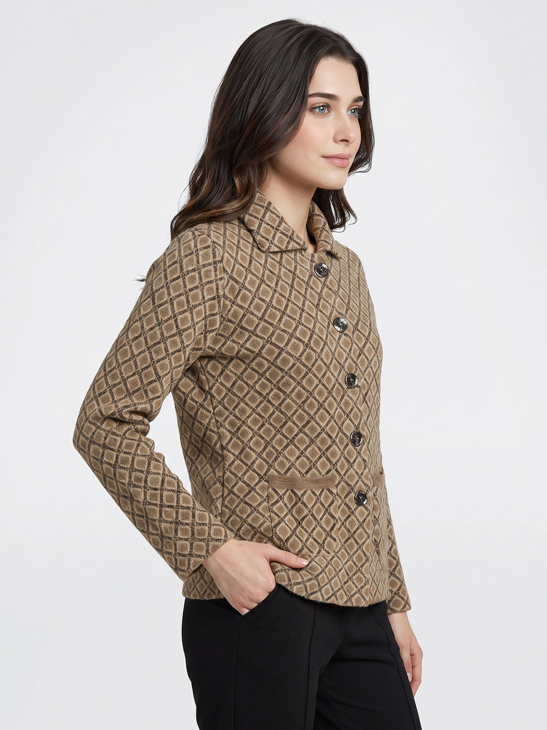 Women Beige Jacquard Collar Full Sleeve Coat