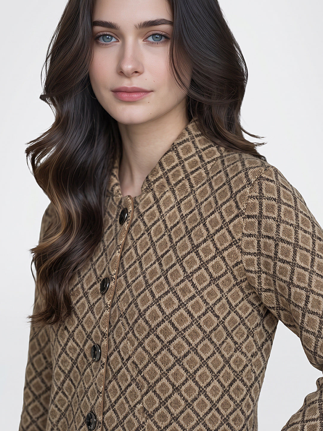 Women Beige Jacquard Collar Full Sleeve Coat