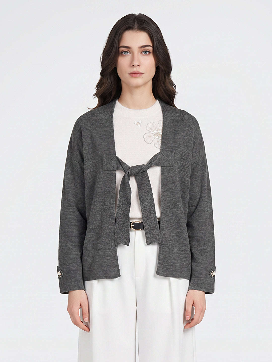 Women Grey Solid Fashion Neck Cape Top