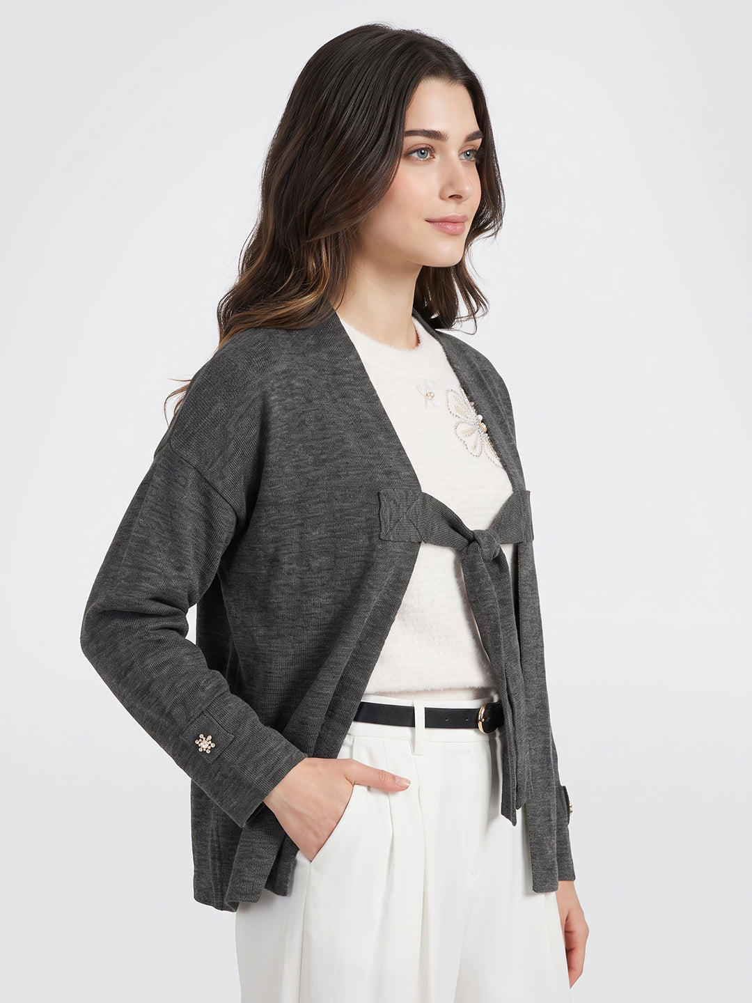 Women Grey Solid Fashion Neck Cape Top