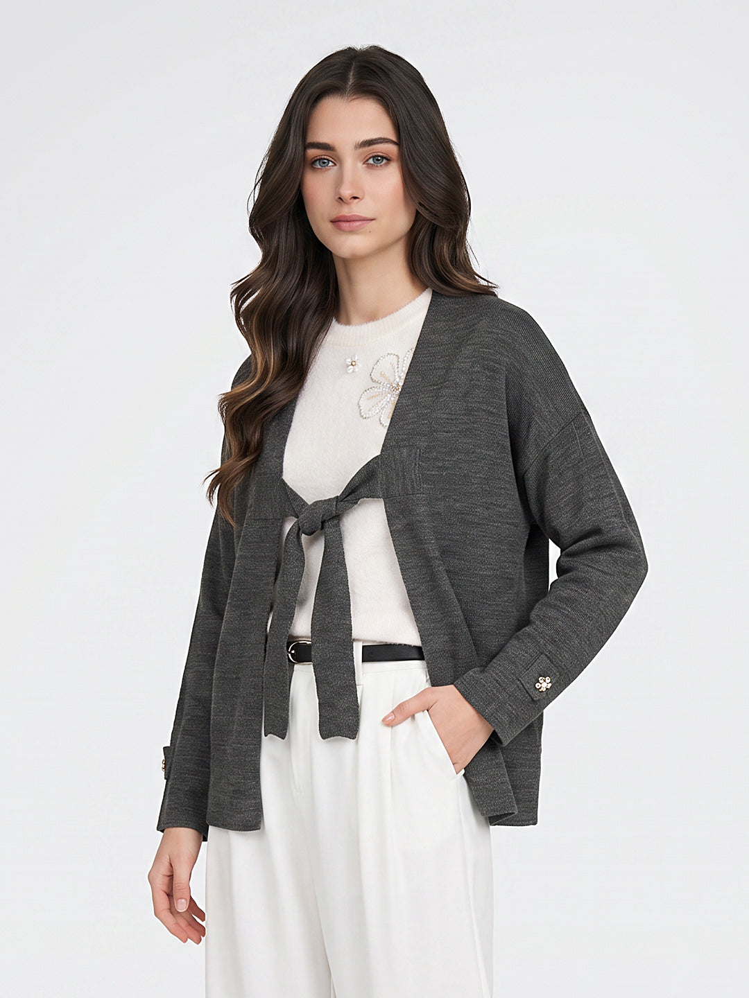 Women Grey Solid Fashion Neck Cape Top