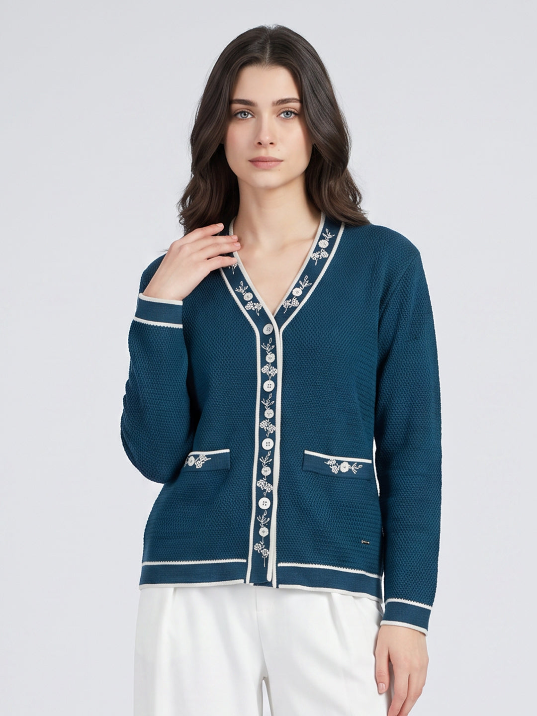 Women Blue Self Design V Neck Full Sleeve Cardigan