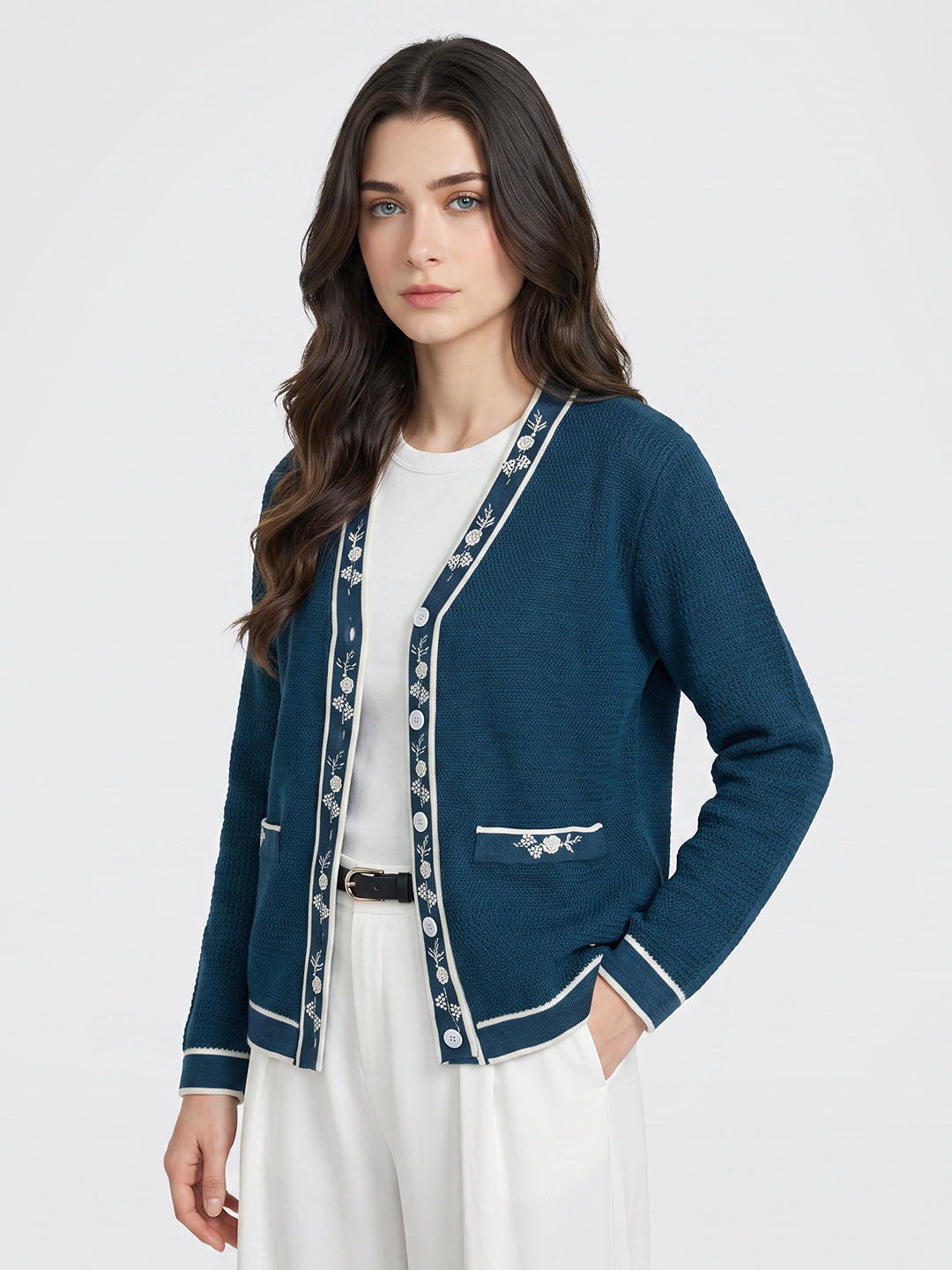 Women Blue Self Design V Neck Full Sleeve Cardigan