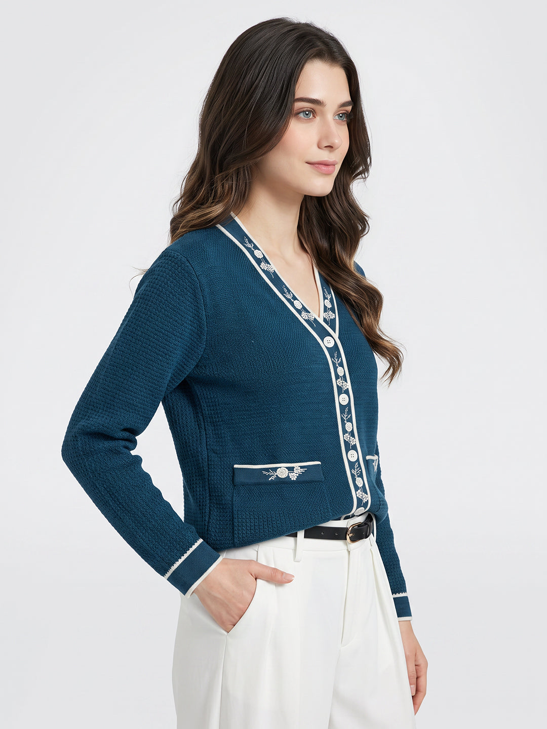 Women Blue Self Design V Neck Full Sleeve Cardigan